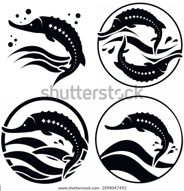 Sturgeon fish store logo vector t-shirt print fishing\
black caviar sea fish\
set