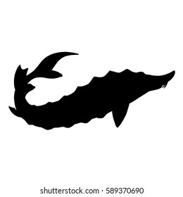 Sturgeon silhouette. Hand drawn image. Black white icon. Vector illustration. Logo desing with fish.