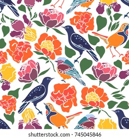 Sturnus vulgaris, Erithacus rubecula, Phoenicurus phoenicurus, Paeonia, Tulipa, Iris. Seamless pattern with birds and flowers. Flat design. Vector illustration.