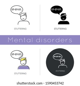 Stuttering icon. Speech problem. Repetition in talking. Sound and syllable prolongation. Oral communication issue. Mental disorder. Flat design, linear and color styles. Isolated vector illustrations