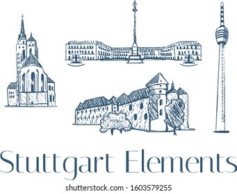 Stuttgart, Castle Square, Schlossplatz, Monastery church, TV tower buildings view with landmark of Stuttgart, Germany. Hand drawn sketch elements in vector illustration isolated on white background.