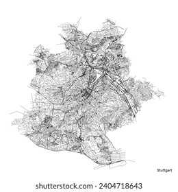 Stuttgart city map with roads and streets, Germany. Black and white. Vector outline illustration.