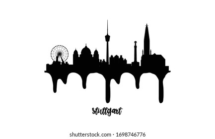 Stuttgart Germany black skyline silhouette vector illustration on white background with dripping ink effect.