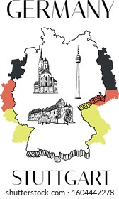 Stuttgart, Germany. Building view on the world map with landmark of Stuttgart, Germany. Hand drawn sketch illustration in vector isolated on white background. Colorful Germany flag. 