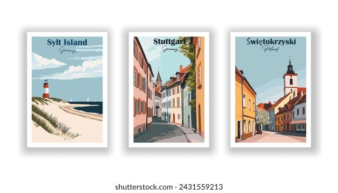 Stuttgart, Deutschland. Świętokrzyski, Polen. Sylt Island, Deutschland - Set mit 3 Vintage-Reiseplakaten. Vektorgrafik. Qualitativ hochwertige Ausdrucke