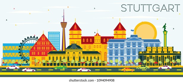 Stuttgart Germany Skyline with Color Buildings and Blue Sky. Vector Illustration. Business Travel and Tourism Concept with Historic Architecture. Stuttgart Cityscape with Landmarks.