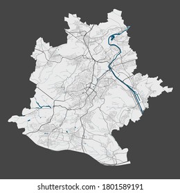 Stuttgart map. Detailed vector map of Stuttgart city administrative area. Poster with streets and water on grey background.