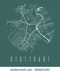 Stuttgart map poster. Decorative design street map of Stuttgart city. Cityscape aria panorama silhouette aerial view, typography style. Land, river, avenue. Round circular vector illustration.