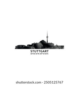 Stuttgart panorama, vector badge, skyline logo and icon. Germany city horizon logotype with landmarks and building silhouettes. Isolated foggy abstract gradient graphic