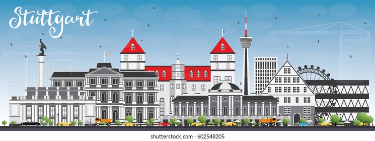 Stuttgart Skyline with Gray Buildings and Blue Sky. Vector Illustration. Business Travel and Tourism Concept with Historic Architecture. Image for Presentation Banner Placard and Web Site.