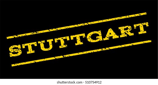 Stuttgart watermark stamp. Text caption between parallel lines with grunge design style. Rubber seal stamp with dust texture. Vector yellow color ink imprint on a blue background.