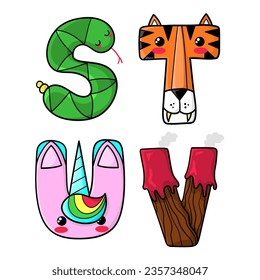 STUV decorated letters illustration, funny alphabet, print design