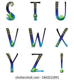 Stuvwxyz collection. ABC letters. Christmas alphabets. Snow xmas tree gifts snowman. Cute cap glove and sock. Winter night sky gradient characters. Glitter stars, dangling ball, bell and ornaments.