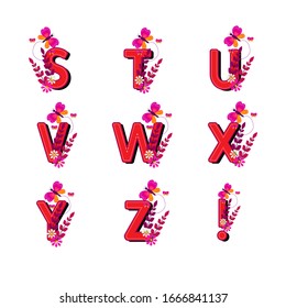 Stuvwxyz letters set. Leaves flowers butterflies alphabet set. Isolated red lettering type characters using patterns. Vector illustration font for cards banners tags journals and logos.
