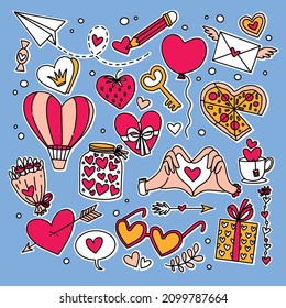 St.Valentin cute vector set. Sticker pack, love, hearts. Isolated background, love letter, 14 February