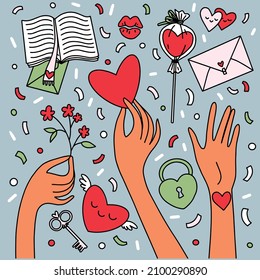 St.Valentin set illustration, 14 February, romantic vector drawing, hands