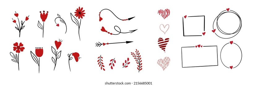 St.Valentine Day big doodle set of elements, clipart, stickers. Love letter, kiss, sweets, drinks, decoration and hearts line art. Hand drawn vectors.