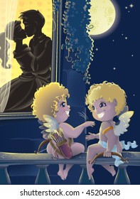 St.Valentine day. Cartoon with Cupids