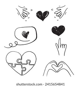 St.Valentine Day set of elements, clipart, stickers. Hands and hearts line art. Hand drawn vectors. Message, point finger. Doodle hand drawn illustration