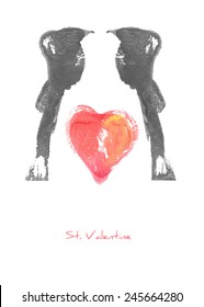 A St.Valentine holiday greetings card with two silhouettes of birds in positive space, a silhouette of a human in negative space and a heart with grunge texture