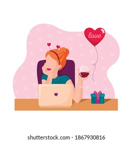 St.Valentine s Day - Young woman on online dating.Online chatting and drinking red wine. Flat vector illustration for web, landing page, banner. Real life in a pandemic 2021