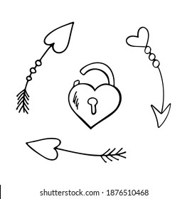 St.Valentines Day doodle arrows and heart-shape lock on white background. Vector for cards, banners, wrapping paper, posters, scrapbooking, pillow, cups and fabric design. 