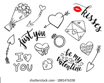 St.Valentines Day doodle and lettering set on white background. Vector for wrapping paper, posters, scrapbooking, pillow, cups and fabric design. Flowers, hearts, lock, ring, arrows, love letter.