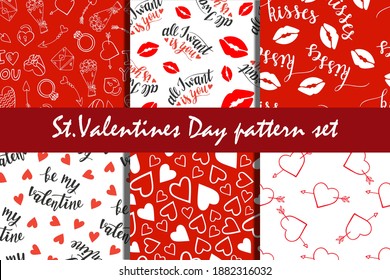 Letrería de San Valentín, corazones y labios sin fisuras conjunto de 6, vectores de fondo rojo y blanco para tarjetas, carteles, papel de envoltura, carteles, scrapbooking, almohada, tazas y diseño de tela. 