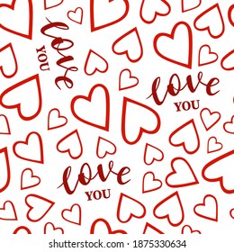 St.Valentines Day lettering, red hearts with love you lettering seamless pattern on white background vector for cards, banners, wrapping paper, posters, scrapbooking, pillow, cups and fabric design. 