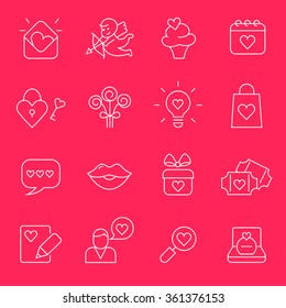 St.Valentines day line flat icons. Love, wedding and romantic symbols on red background