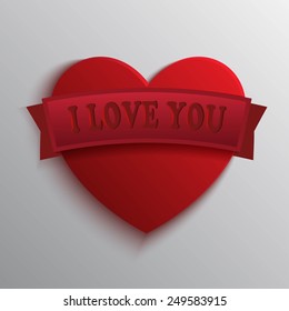 St.Valentine's day paper style heart over grey background with red ribbon. Vector illustration.
