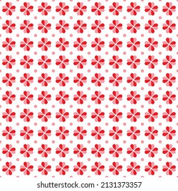 St.Valentine's Day. Pink and red clover leaves on white background pattern. Red heart shape pattern on white backdrop.