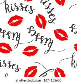 St.Valentines Day seamless pattern with lips and kisses word lettering on white background. Vector for cards, banners, wrapping paper, posters, scrapbooking, pillow, cups and fabric design. 
