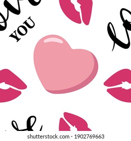 St.Valentines Day seamless pattern with pink juicy lips, heart and love you words. Vector for cards, banners, wrapping paper, posters, scrapbooking, pillow, cups and fabric design. 


