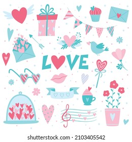 St.Valentines Day set of elements. Love theme clipart love letter, present, kiss, sweets, flowers, pink glasses, love music, love theme decorations and hearts. Flat vector resizable illustration.