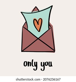 St.Valentine's day vector illustration in boho colours. Hand drawn elements with hearts and lettering. For posters, cards, invitations.