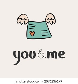 St.Valentine's day vector illustration in boho colours. Hand drawn elements with hearts and lettering. For posters, cards, invitations.