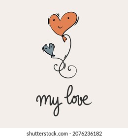 St.Valentine's day vector illustration in boho colours. Hand drawn elements with hearts and lettering. For posters, cards, invitations.