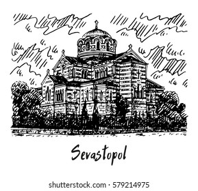 St.Vladimir cathedral in Sevastopol, Crimea, Russia. Sketch by hand. Vector illustration.