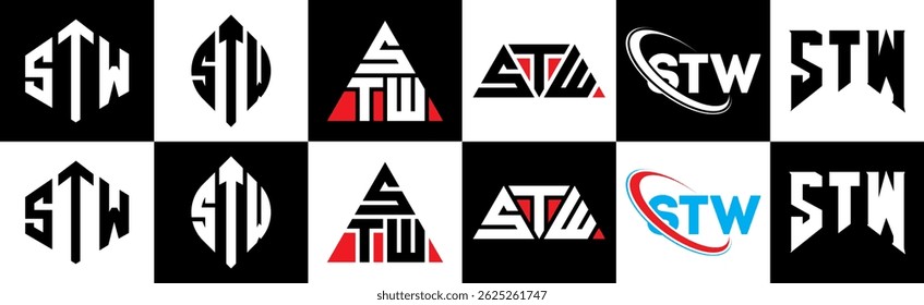 STW letter logo design in six style. STW polygon, circle, triangle, hexagon, flat and simple style with black and white color variation letter logo set in one artboard. STW minimalist and classic logo