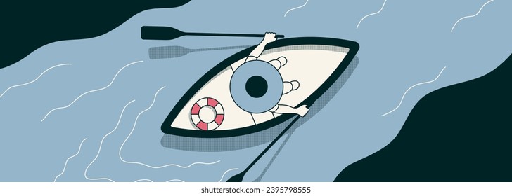 Ilustración vectorial de tipo. Un ojo de ojo en forma de barco y salvavidas. Concepto de enfermedad ocular. Ilustración vectorial en un estilo plano. Pancarta horizontal oftálmica minimalista. Cabecera del sitio web.