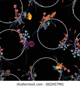 Styilsh hand drawn and painted mewdow floral with geometric circle seamless pattern vector,Design for fashion , fabric, textile, wallpaper, cover, web , wrapping and all prints on black