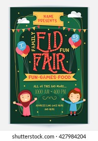 Styish Eid Fair Flyer, Eid Celebration Banner, Invitation Card With Cute Islamic Kids.