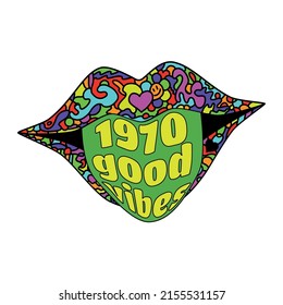 style of the 1970s good vibes. Psychedelic elements in retro style. Hand-drawn.