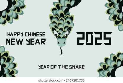 Style 2025 Chinese New Year horizontal banner design. Asian holiday Poster Template with Typography and green Zodiac Luna Snake. Retro stylish Vector aesthetic.