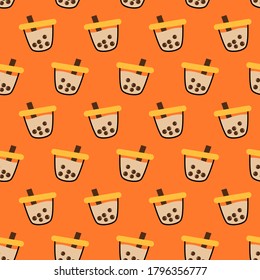 Seamless​ pattern​ with​ bubble​ milk​ tea​ cup​ on​ orange​ background​ vector.​ Cute​ cartoon​ style.