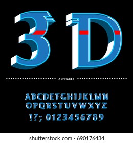 
Style 3d.English alphabet, ABC.Vector Font 3D.A set of letters and numbers.Blue, white letters on a black background, boards.Futuristic.Red bands, Education, horizontal banner,layout.Calligraphic
