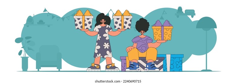 Style 80s and 90s. The girl and the guy are holding gifts. The concept of the holiday and gifts.