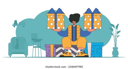 Style 80s and 90s. The guy holds two gifts in his hands. A man sits on gift boxes. The concept of the holiday and gifts.