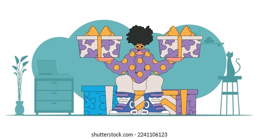 Style 80s and 90s. The guy holds two gifts in his hands. A man sits on gift boxes. Holiday surprise concept.